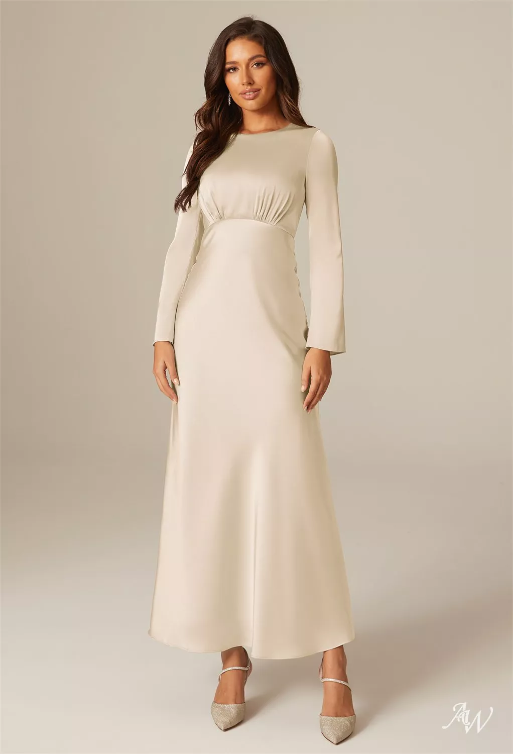 AW Ginevra Dress, Taupe Crystal Satin Satin Charmeuse Stretch
